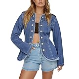 Generisch Chaqueta vaquera para mujer en estilo militar, chaqueta de entretiempo entallada con botones decorativos, chaqueta vaquera sin cuello con dobladillo deshilachado, Style_r01 Blue, S