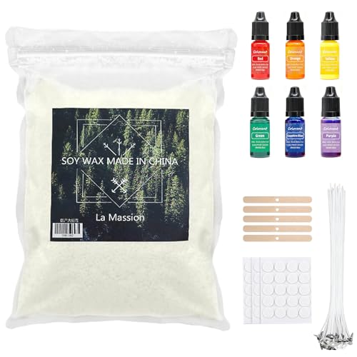 ePicsoa Kerzen Selber Machen Set, 500g Sojawachs für Kerzen, 6 Kerzenwachs Farben (je 10ml), 50 Kerzendochte, 60 Aufkleber, 5 Dochthalter, Soy Wax für Candle Making, Kerzenfarben für Diy Kerze