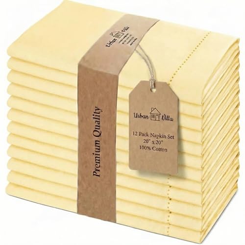 Urban Villa Cloth Napkins Yellow Hemstitch Dinner Napkins Set of 12 (20X20) 100% Cotton Absorbent Washable Durable Reusable Ideal for Hotel Collection Farmhouse Parties Restaurant Lunch Dinner Napkins