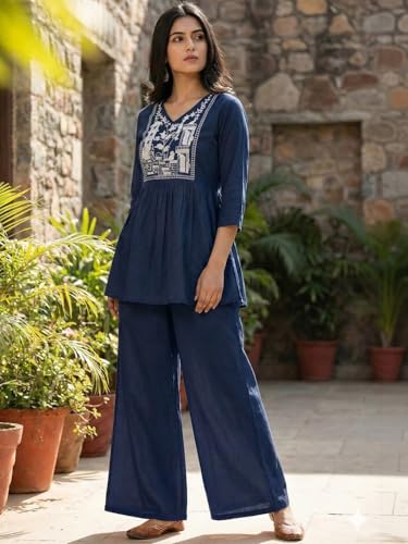 Image of Women's Rayon Kurti Set with Palazzo Pants | Embroidered V-Neck A-Line Short Kurti with 3 /4 Sleeves | Casual Ethnic Co-Ord Set for Daily Wear, Office & Festive