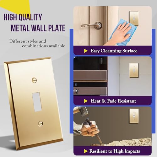 Image of ENERLITES Toggle Switch Metal Wall Plate, 1-Gang, Polished Brass, Gold | Luxury polished brass finish; Rust-proof Stainless Steel 201; Standard 1-gang; Fits toggle switches; 7711-PB