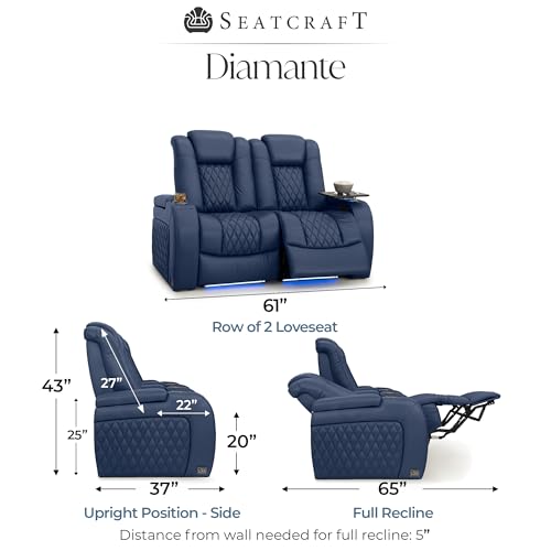 Image of Seatcraft Diamante Navy Blue Italian Leather Home Theater Seating, Zero Gravity Power Recliner, Gaming and Home Office Chair, Powered Headrest Furniture for Cinema Room, Row of 2 Loveseats