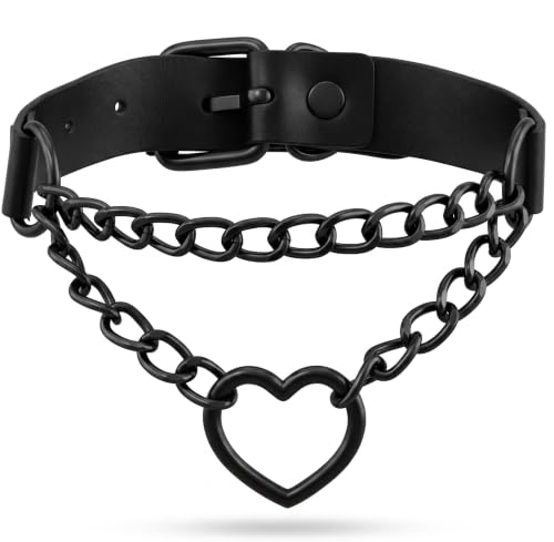 Collier ras du cou gothique ajustable en cuir noir avec chaîne robuste et pendentif cœur emo