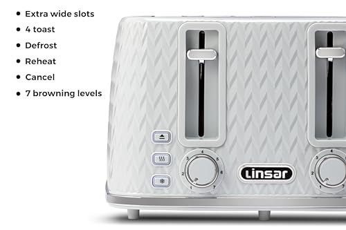 Linsar - 4 Slice Toaster - Unique Curved Texture - Defrost, Reheat, Cancel Functions - 7 Browning Levels, Wide Slots, Removable Crumb Tray - Automatic Switch Off - 1600 Watt (Grey) - Image 3