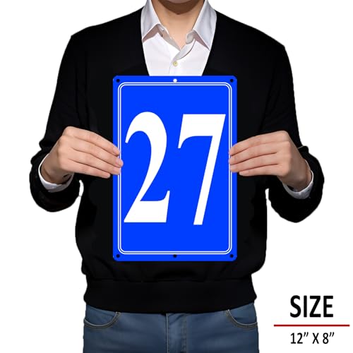 Image of Premium Aluminum Number Signs 27, Metal 12 inch X 8 inch Blue Numbered Signs Outdoor for Parking Lots, Floor, Dock, Court, Aisle, Field, High Visibility, No Fade, Weather-resistant