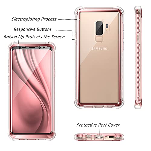 Dexnor Compatible With Samsung Galaxy S9 Plus Case With Screen Protector Electroplated Frame Clear Back Cover Rugged 360 Full Body Protective Shockproof Heavy Duty Bumper For Women -Metallic Pink #TOP1