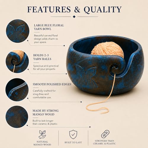Image of Large Blue Yarn Bowl, 7 x 4 Inch Wooden Knitting Holder | Mango Wood, Holds 2 Yarn Skeins, Handcrafted, Tangle-Free, Smooth Finish, Floral Carved, Giftable