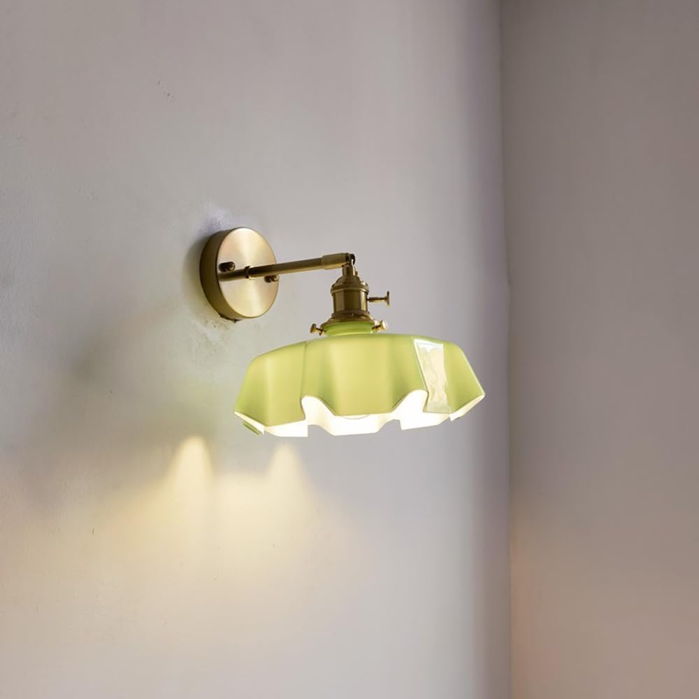 HUAYUSEDF Vintage den Flower Wall Sconce - Hardwired Medieval Milk Glass Adjustable Nordic Modern Mounted Lamp for Bedroom, Living Room, Farmhouse Decor, Elegant Lighting Fixture(Green)