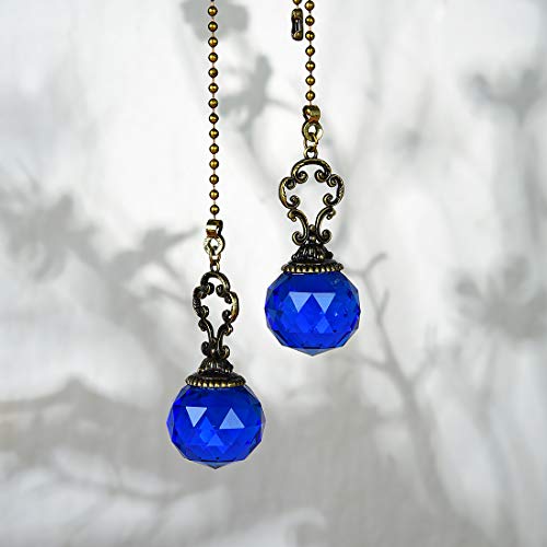 Image of Set of 2 Vintage-Style Blue Fan Pull Ceiling Fan Chain Pulls Crystal Prism Ball