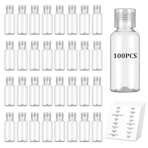 Oqqlin 100 Pcs Empty Travel Bottles with 10 Pcs Label, 30 ml/1 oz Mini Plastic Clear Bottle with Flip Caps Portable Refillable Containers for Body Lotions, Face Creams, Shampoo