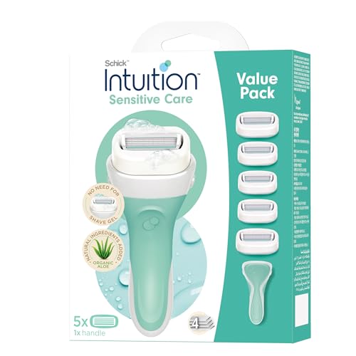 INTUITION Sensitive Care Kit for Women Organic Aloe Green Tea Extract Moisturizing Soap Included 4 Blade Razor with Pivoting Head for Sensitive Skin Hypoallergenic 1 Razor + 5 Cartridges