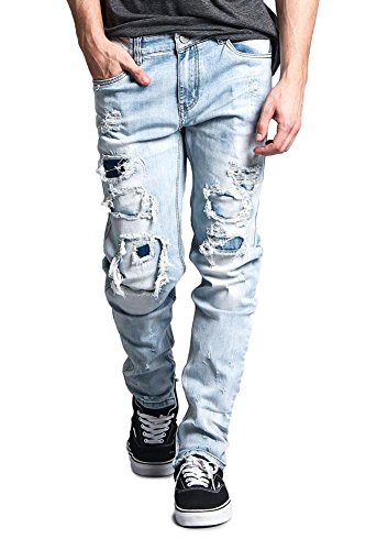 Victorious Men's Distressed Rip And Repair Denim Jeans Dl1119 - Light Indigo - 40/32 #TOP5