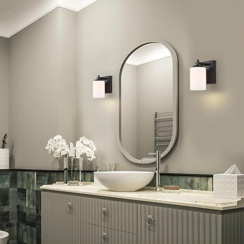 Image of 1 Light Bathroom Vanity Light Fixture, Farmhouse Single Sconce with Frosted White Glass Shade, Bronze
