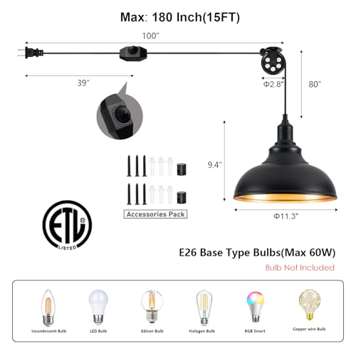 Image of Black Pendant Light Hanging Lamps for Living Room Plug in 15FT Dimmable Switch Adjustable Pulley Hanging Lights with Cord for Kitchen Bedroom 2 Pack