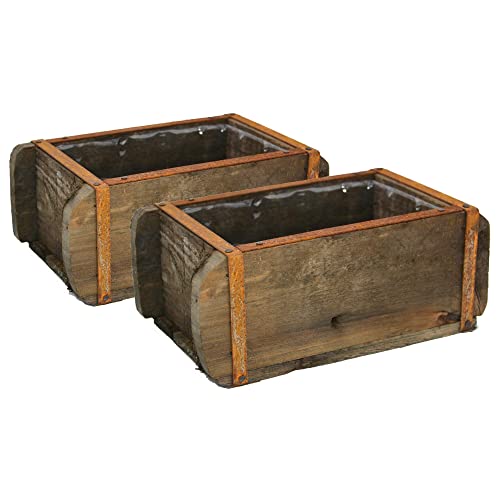 UNUS Garden 2er Set alte Ziegelform Holz Pflanzgefäß mit Kunststoffeinsatz Vintage Holzkiste mit Metallbeschlägen Aufbewahrungsbox 22x12x9cm