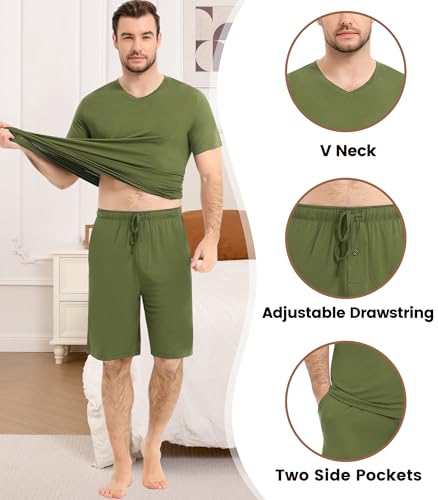 Image of NACHILA Men's Pajamas-Viscose Made from Bamboo, Short Sleeve Top with Shorts Pjs Set V Neck Sleepwear Cool Loungewear