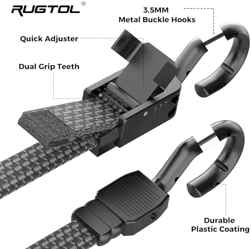 Rugtol Bungee Cords with Hooks, 48 Inch Adjustable Flat Bungee Straps with Quick Release Buckle, Rubber Black Heavy Duty Elastic Cords with Metal Hooks for Bike Rack, Outdoor, Camping, Tarp, 6 Pack — view 4