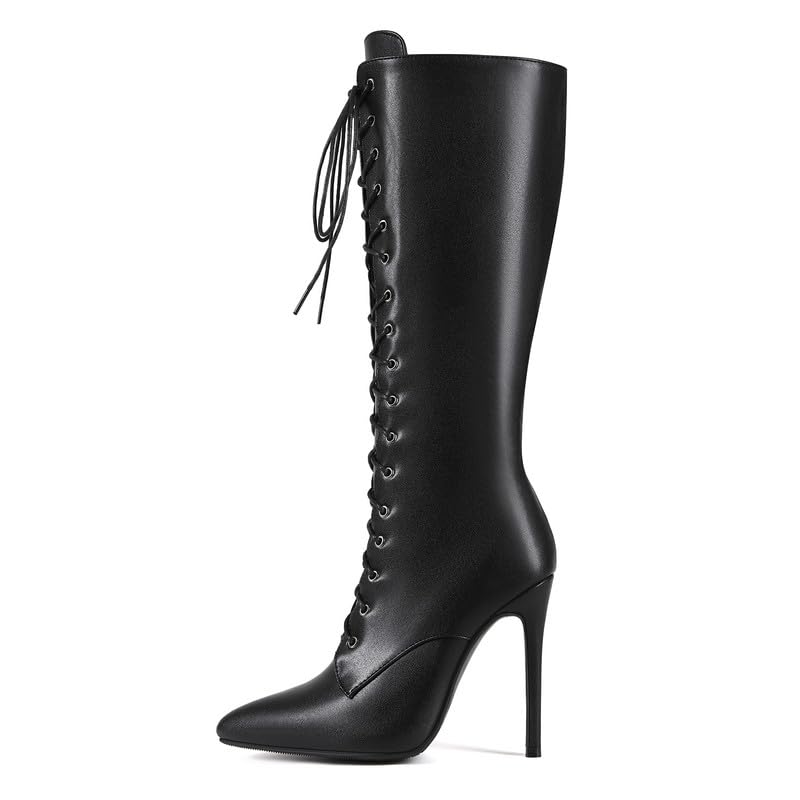 Damen Kniehohe Schnürstiefel High Heels mit Reißverschluss | Stiletto Stiefel, Spitze Zehen, Knee High Boots, Sexy Look für Party & Club