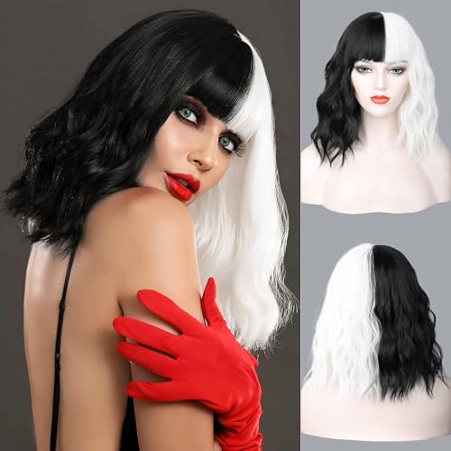 NAYOO Black and Whtie Wig with Bangs, 14 Inch Bob Wig with Bangs for Women, Shoulder Length Short Synthetic Wig, Cosplay Costume Halloween Wig