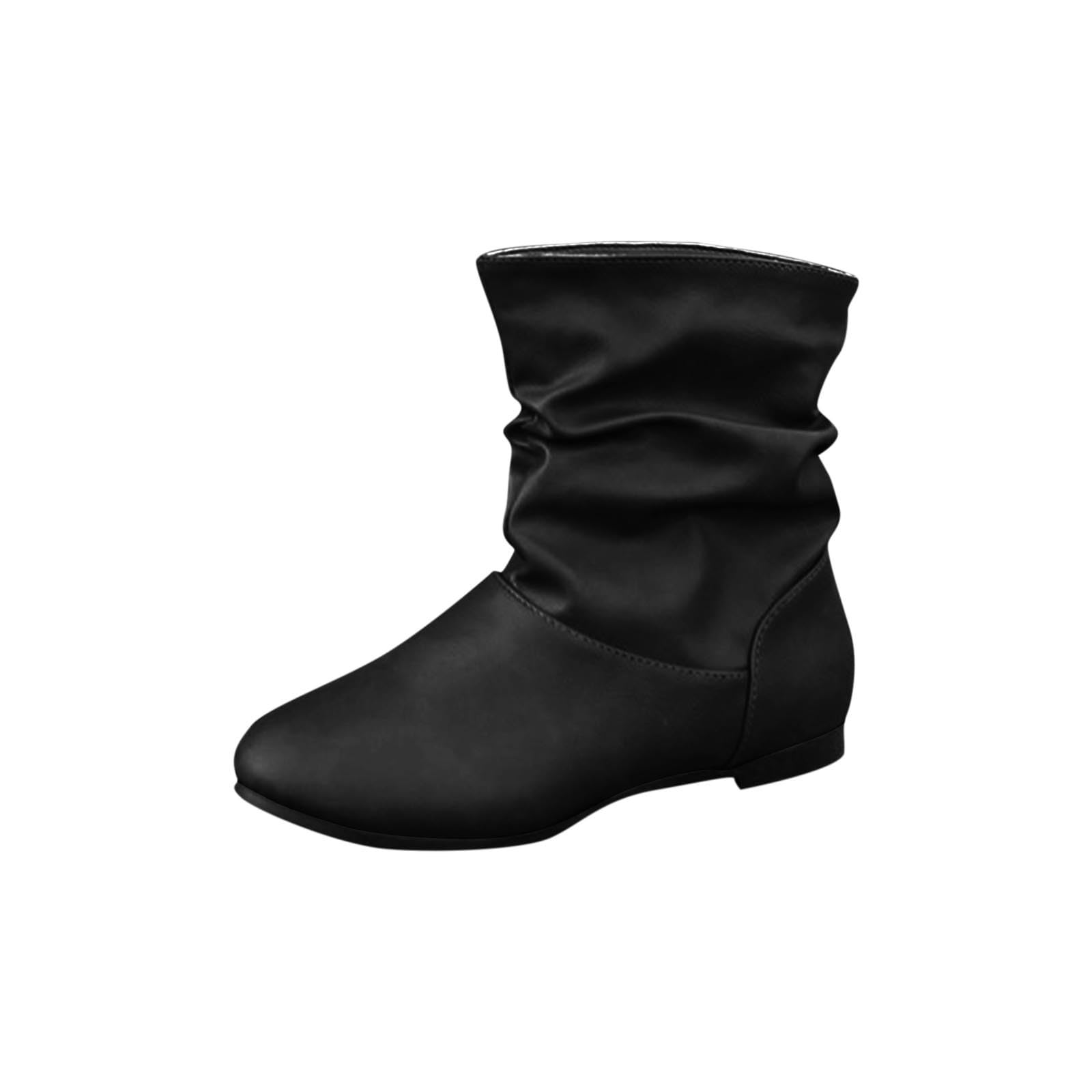 Fall Boots For Womens Pointed Toe Mid Calf Flat Low Heel Pull On Dressy Boot Fall Winter Casual