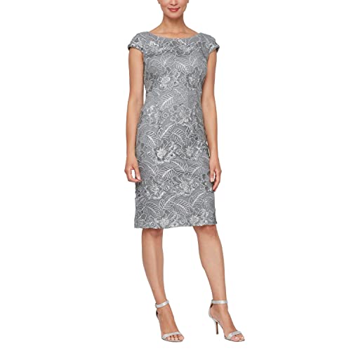 Alex Evenings Women's Short Floral Embroidered Cocktail Sheath Dress, Wedding Guest, Formal Gown (Petite and Regular Sizes), Charcoal, 6