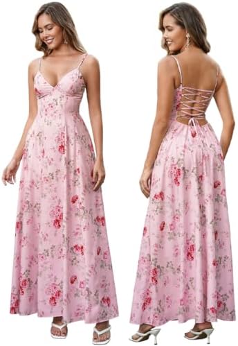 VKIHOC Floral Maxi Boho Summer Beach Wedding Guest Dresses for Women 2026, Pinkfloral, S