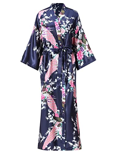 Image of Women's Floral Long Satin Robes Plus Size Long Silk Robes Peacock Floral Kimonos Sleepwear Dressing Gown