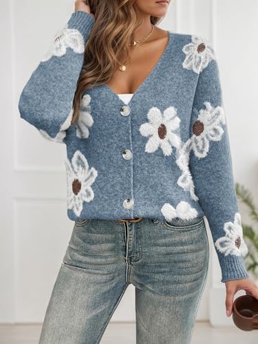 Women's Cardigans Casual Long Sleeve V-Neck Button Down Floral Sweaters Open Front Knit Outerwear3