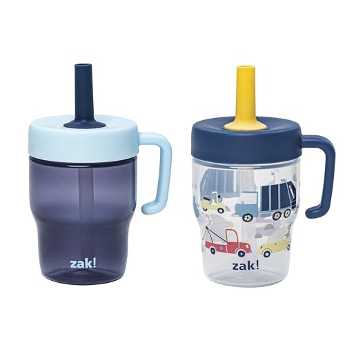 Zak Designs Capri Toddler Tumbler For Travel or At Home 10oz 2-Pack Durable Plastic Sippy Cups With Handle and Leak-Proof Design are Perfect For Kids (Wheels Blue)
