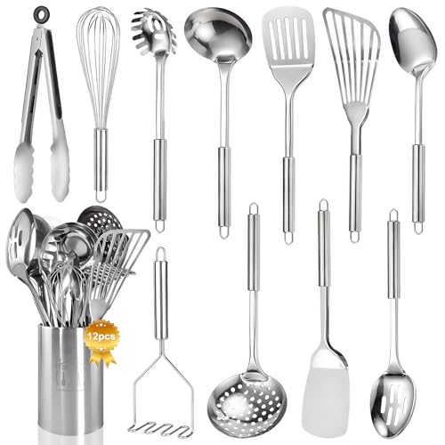 Best Metal Utensils On Stainless Steel 8 Stainless Steel Kitchen Utensils Set - 12pcs Cooking Utensils Set with Holder