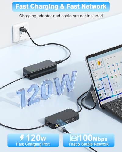 Image of Docking Stations for Surface HDMI+DP+USB-C Triple Displays, 12 in 1 Surface Dock with 120W Power Adapter for Surface Pro 12 /11 /10 /9 /8 /X /7 /6 /5 /4 /3, Surface Laptop 7 /6 /5 /4 /3 /2 /1, Surface Book /Go