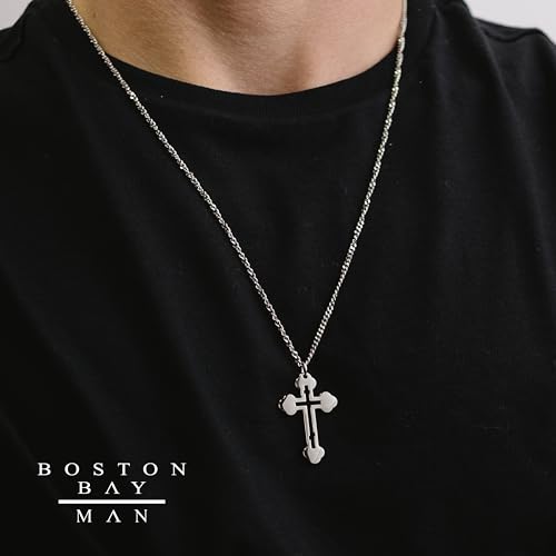 Boston Bay Men's Water Proof 316L Stainless Steel 1.5" Shiny Orthodox Cross Pendant Necklace – 24" Curb Chain3