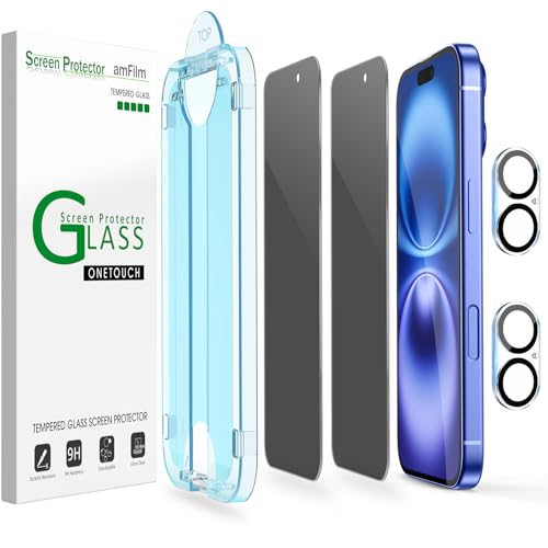 Image of amFilm OneTouch for iPhone 16 Plus Privacy Screen Protector 6.7'' 2024 | 30s Auto-Alignment, Bubble Free, Tempered Glass, 28 Anti Spy, Shatterproof, Camera Lens Protector 2+2 Pack (16-6.7'')