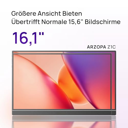 ARZOPA 16.1" Portable Monitor, 1920×1080 FHD IPS Tragbarer Monitor für Laptop mit Einzelstange, Unterstützt HDMI/Typ-C/USB-C, Augenschutz-Gaming-Bildschirm für Laptop/PC/Mac/PS3/4/5/Xbox 2