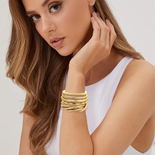 YBMYCM 5PCS Gold Bangles Bracelets for Women Chunky Stretch Bracelet Set Stainless Steel Chain Flexible Wide Wristband Bangle Stackable Layered Bracelets Gift Jewelry2