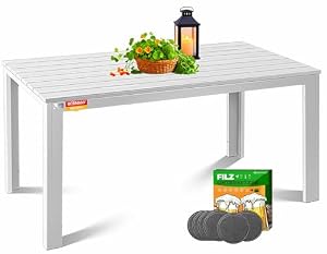 KESSER® Gartentisch 156x78cm für bis 6 Personen Esstisch Wetterfest & UV-Beständig | Outdoor Tisch mit pulverbeschichteter Stahl-Gestell & Kunststoff Tischplatte in Holz-Optik inkl. 6 Filz-Untersetzer