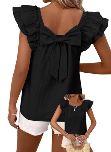 Womens Bow Tie Back Tops Round Neck Ruffle Short Sleeve Shirts Cute Babydoll Chiffon Tee Women Summer Trendy Tunic