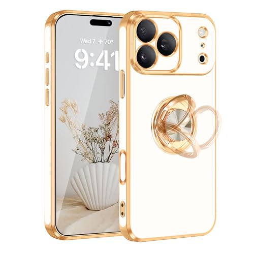 Fingic for iPhone 18 Pro Max Case 360° Rotatable Ring Holder Kickstand | Shiny Plating Edge Slim Soft TPU Shockproof Protective Phone Case for Women Men for iPhone 18 Pro Max/17 Pro Max 6.9", White