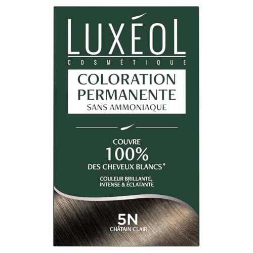 Luxéol - Coloration Permanente 5N Châtain Clair - Sans Ammoniaque - Couvre 100% des Cheveux Blancs(1) - Longue Durée(2) - Couleur Lumineuse Éclatante...