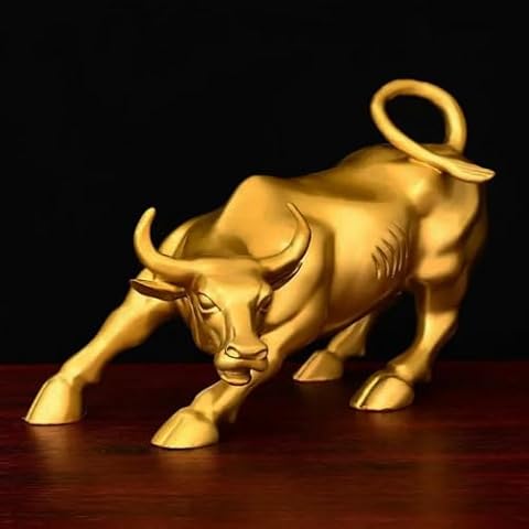 Brass Bull Figurine Statues,7.8 inches Wall Street Bull Art Decor,Bronze Bull/Cow/Ox Figure Statues Sculptures Home Office Decor - Gold Cover