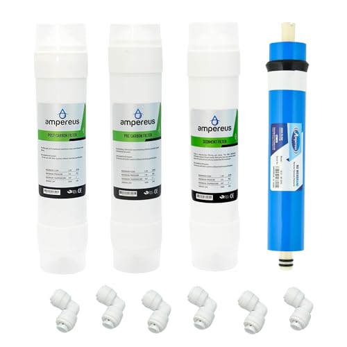 Image of AMPEREUS Water Purifier Inline Filter Kit | Pre Carbon, Post Carbon, Sediment Filter, 80 GPD RO Membrane & Spare Parts| Complete Water Purifier Accessories (Work upto 3000 TDS)
