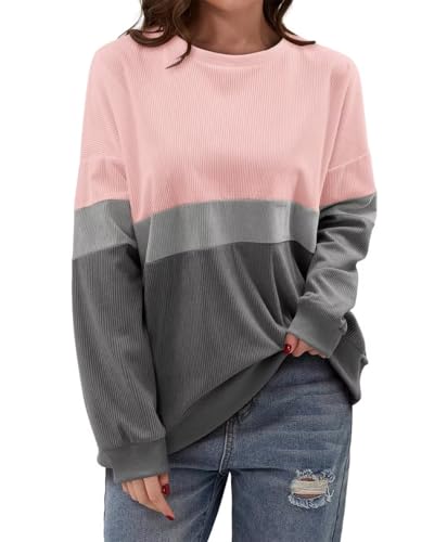 KISSMODA Womens Casual Long Sleeve Sweatshirts Color Block/Solid Tops Corduroy Crewneck Tunic Pullover with Pockets