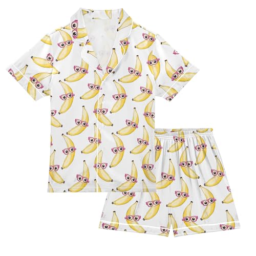 Yellow Bananas Pink Glasses Summer Pajamas Set Silk PJS Set Satin Sleepwear Short Sleeve Button Down Nightwear 5-14Y