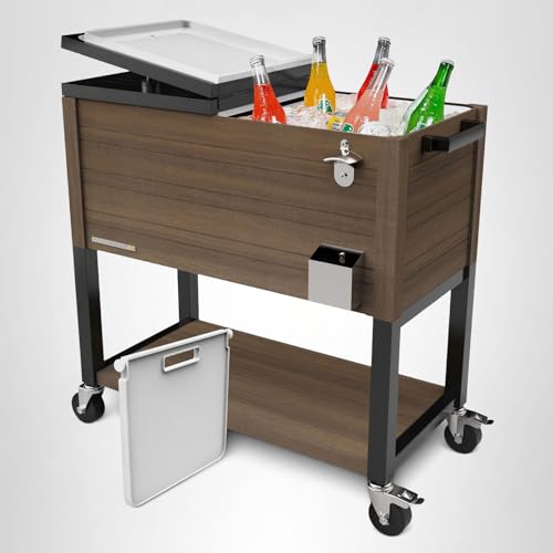 Permasteel Party Cooler with Divider, Spacious 80-Qt Capacity, Chills 36hrs, Rolling Ice Chest for Indoor and Outdoor Entertainment, Wood Grain Finish, Brown