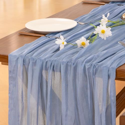 Image of Socomi 2pcs Dusty Blue Easter Spring Cheesecloth Table Runner Boho Rustic Gauze 120 inch 10FT Cheese Cloth Runner for Wedding Party Baby Shower Birthday Home Decor Holiday Decorations