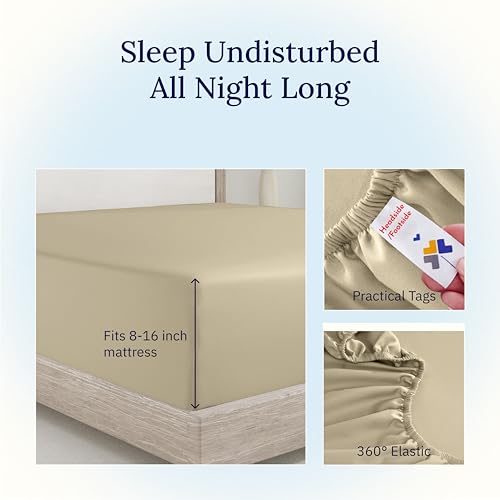 California Design Den Deep Pocket King Fitted Sheet Only, Soft 400 Thread Count Sateen, 100% Cotton King Size Fitted Sheets, No Pop-Off Elastic, 1 Piece Fitted Sheet King Size - Beige (Golden Tone)