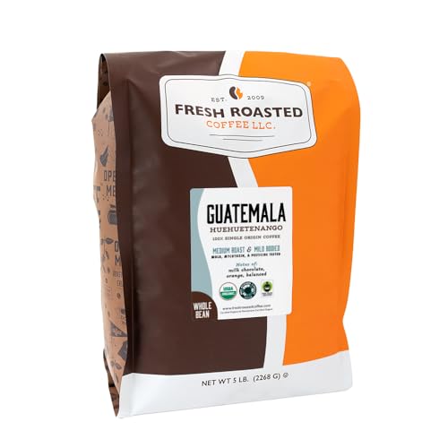 Fresh Roasted Coffee, Organic Guatemala Whole Bean Coffee, Medium Roast, USDA Organic, Single-Origin, 3rd Party Tested for Mold, Mycotoxin & Pesticides, Kosher, 5 lb (80 oz)