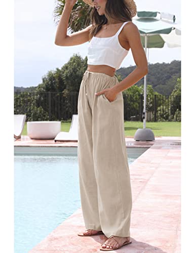 Hooever Women's Wide Leg Cotton Linen Pants High Waist Adjustable Tie Knot Lounge Trousers4