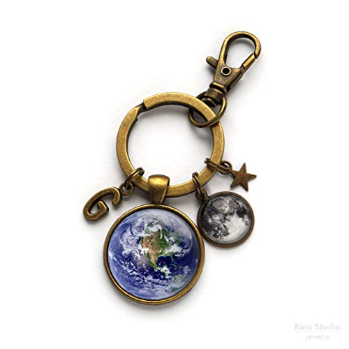 Personalized Earth and Moon Keychain Planet Key Chain Astronomy Key-chain Science Custom Initial Gift4