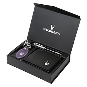 WILDHORN Black Leather Wallet, Blue Keychain and Black Diamond Pen for Men I Gift Hamper